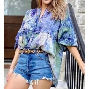 CAbi Olivia Woodstock Linen Tunic Top Artsy Blue/Green Tie Dye Casual Size M